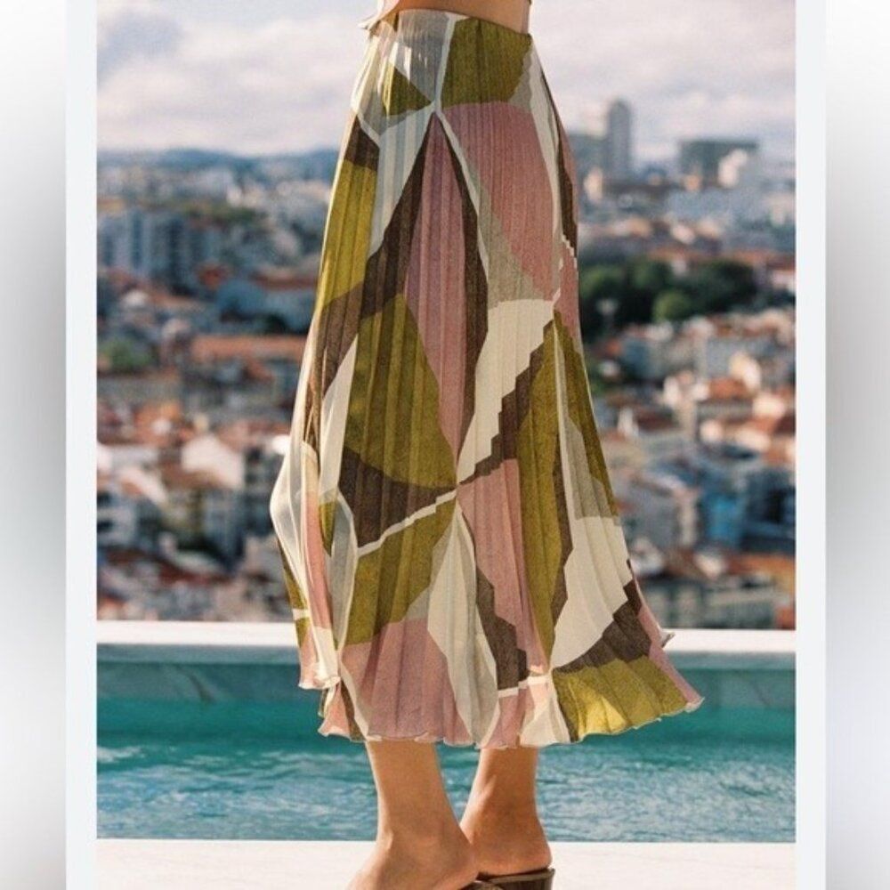 Zara Womens Midi Skirt XS Multicolor Geometric Print Pleated 3231/301 NWT